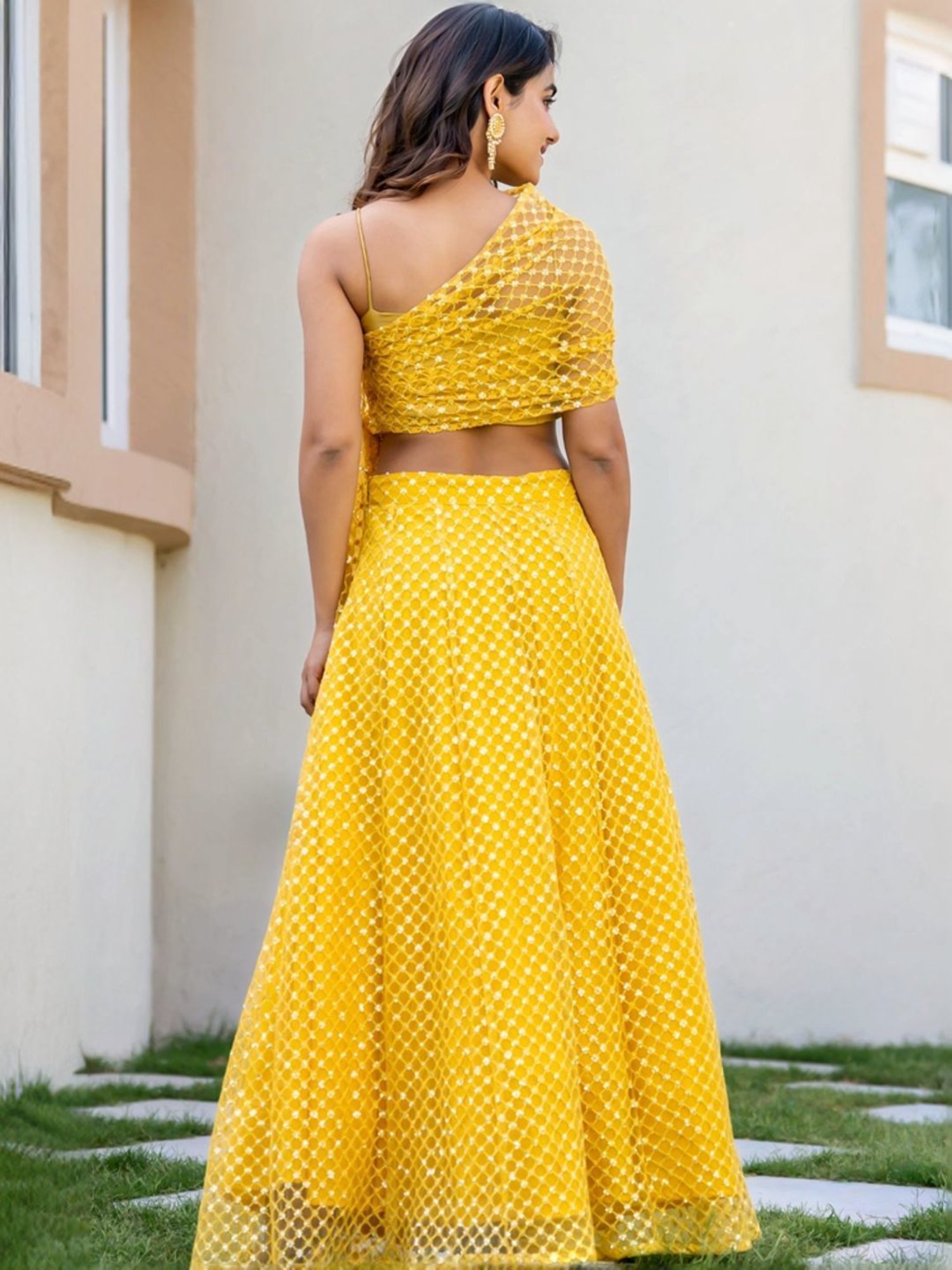 HOUSE OF JAMOTI Yellow Embellished Crop Top Skirt Set