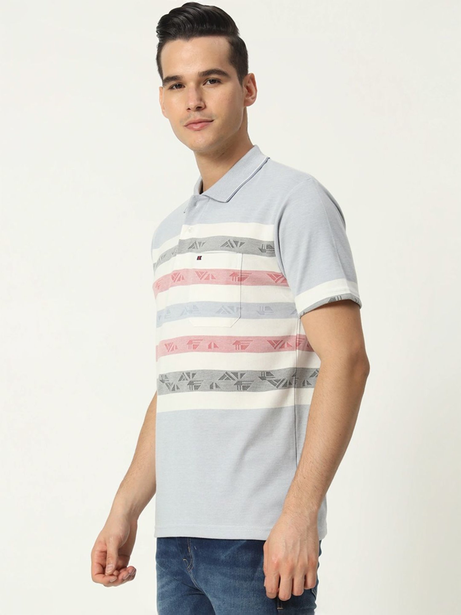 Tab91 Grey Regular Fit Striped Polo T-Shirts