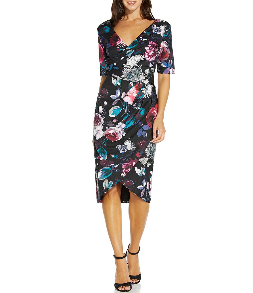 Adrianna Papell Floral Print V-Neck Elbow Short Sleeve Tulip Hem Sheath Dress
