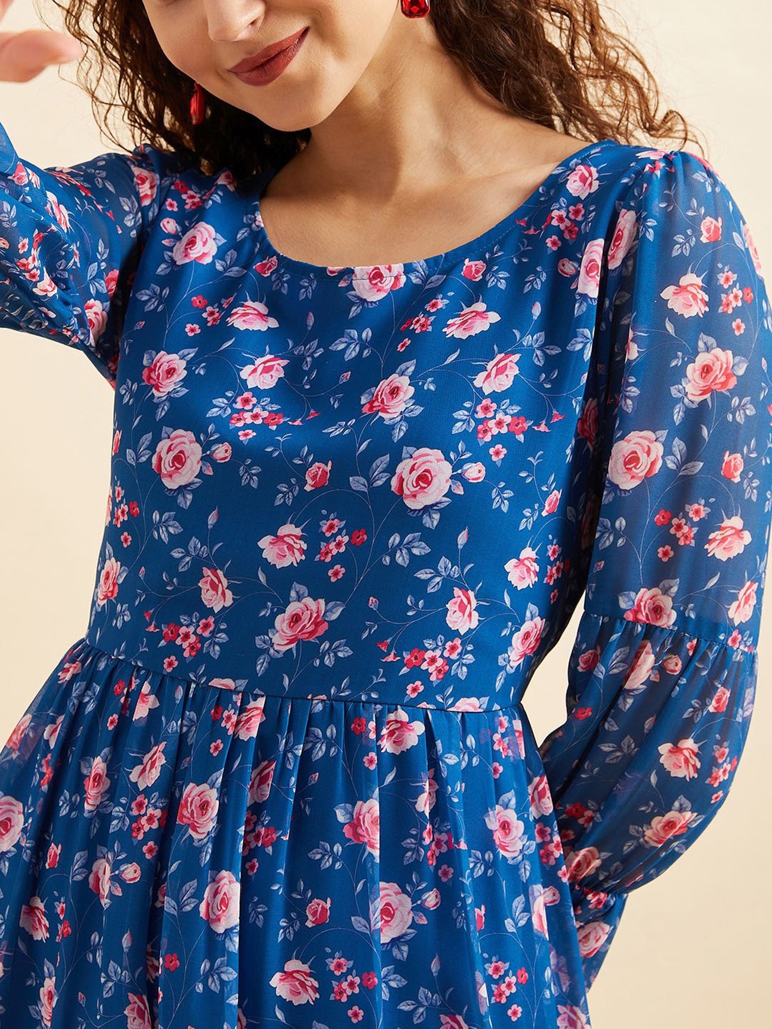 PANIT Blue Floral Print Ethnic Dress