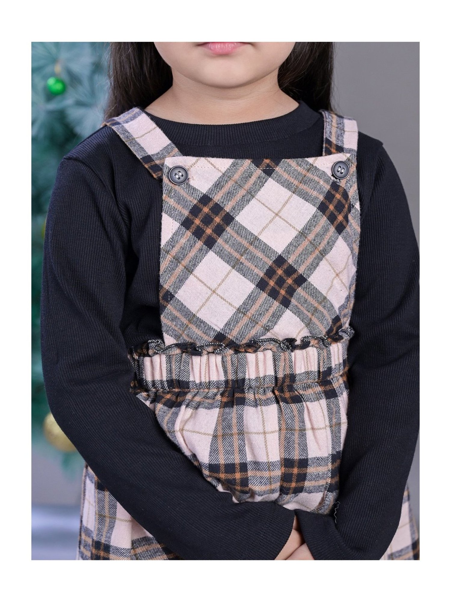 Budding Bees Kids Grey & Black Checks Full Sleeves Top with Dress