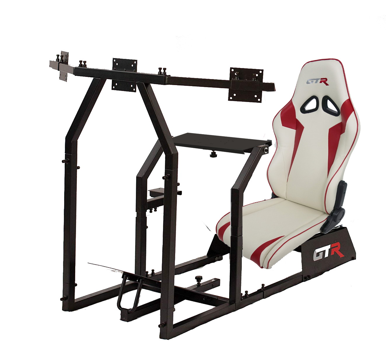 GTR Racing Simulator GTAF-BLK-S105LWHTRD - GTA-F Model (Black) Triple or Single Monitor Stand with White/Red Adjustable Leatherette Seat, Racing Simulator Cockpit gaming chair Single Monitor Stand