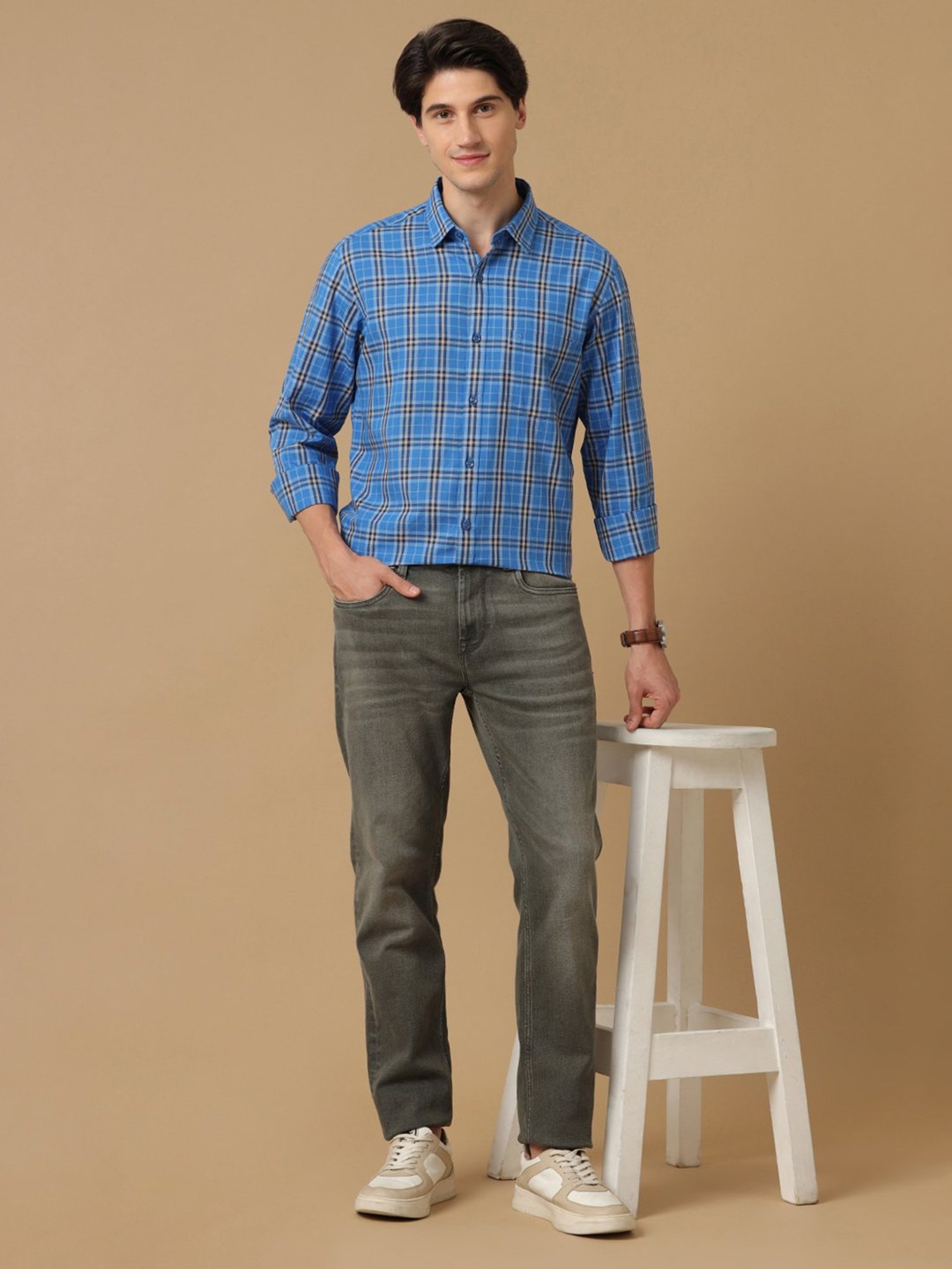 CAVALLO by Linen Club Blue Contemporary Fit Check Shirt