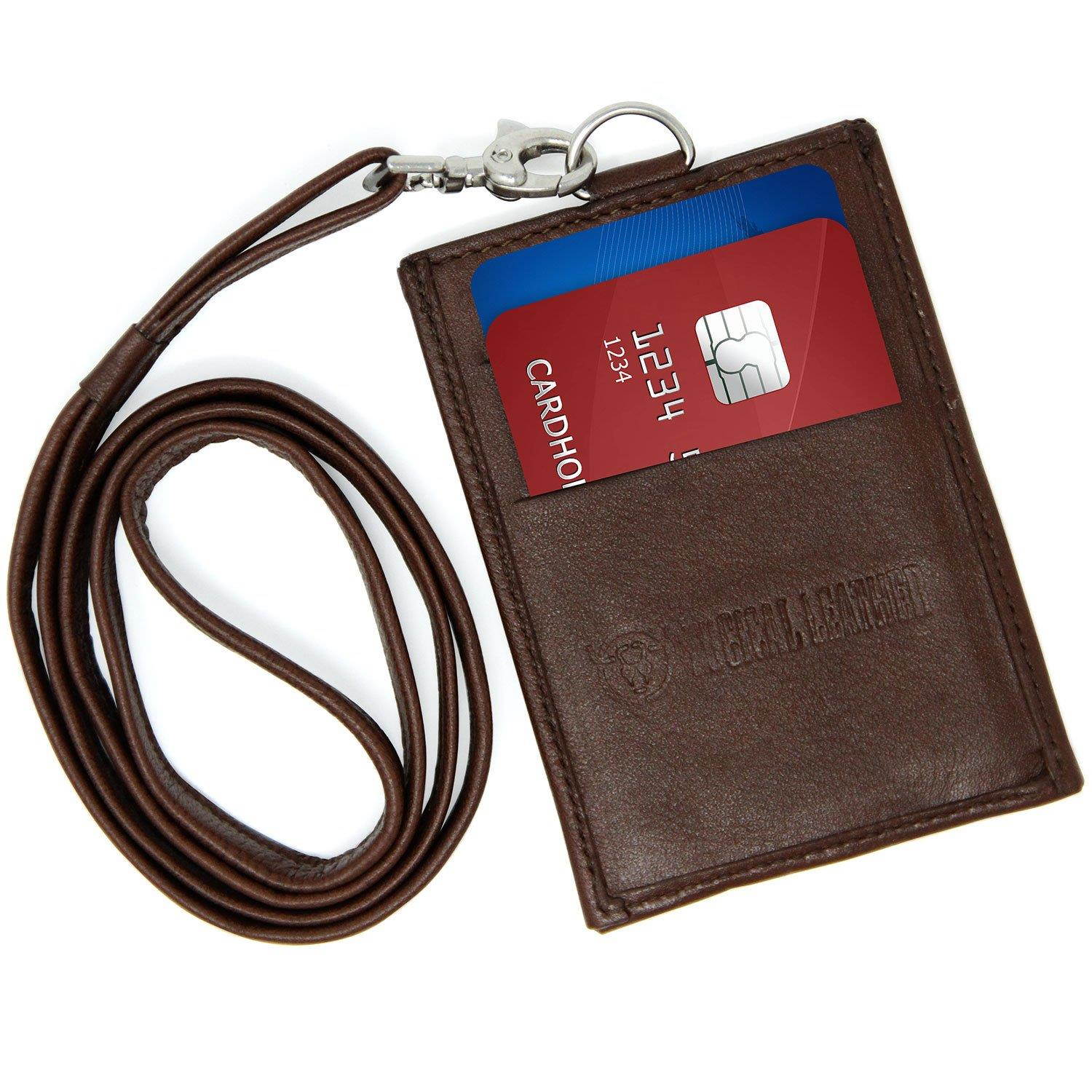 Logical Leather ID Lanyard with Detachable Vertical Badge Holder - Genuine Leather Lanyards for Women & Men (Brown)