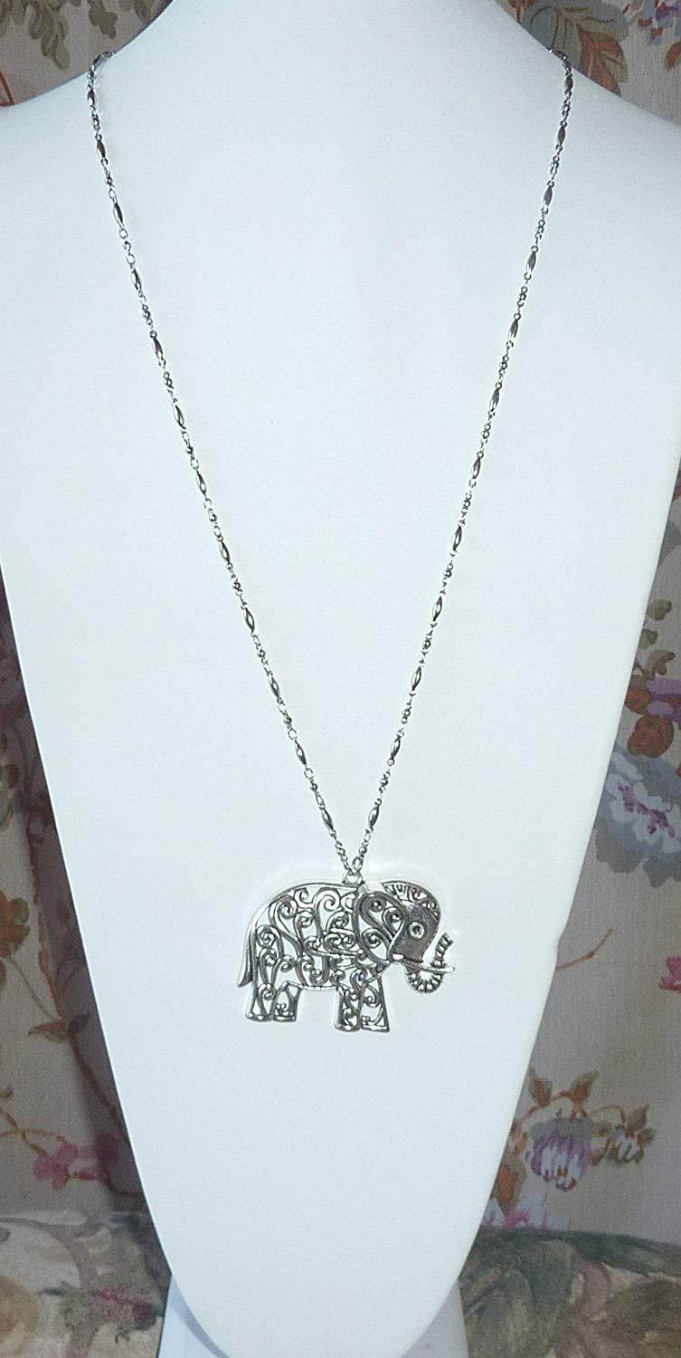Hidden Hollow Beads Elephant Pendant Lanyard Necklace 34" long, Women's Fashion Chain Lanyard, For Keys, Badge ID holder. (Magnetic Breakaway)