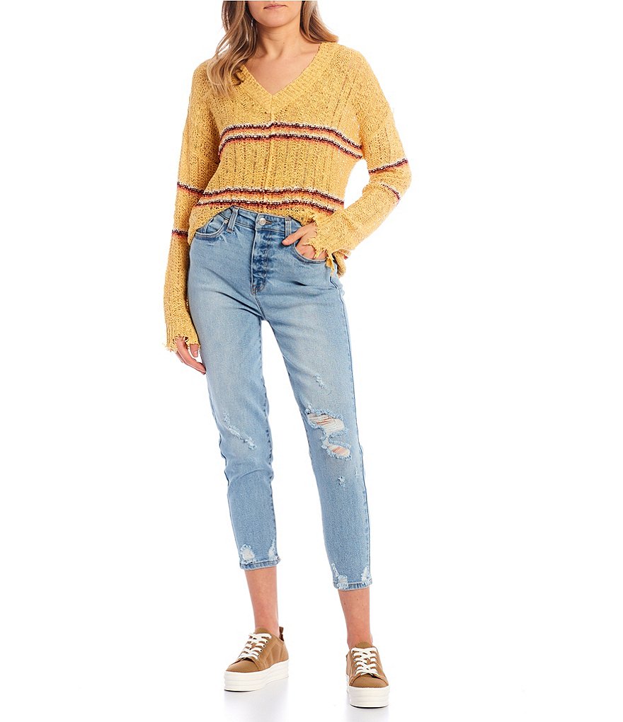 Say What Distressed Stripe Lightweight Sweater