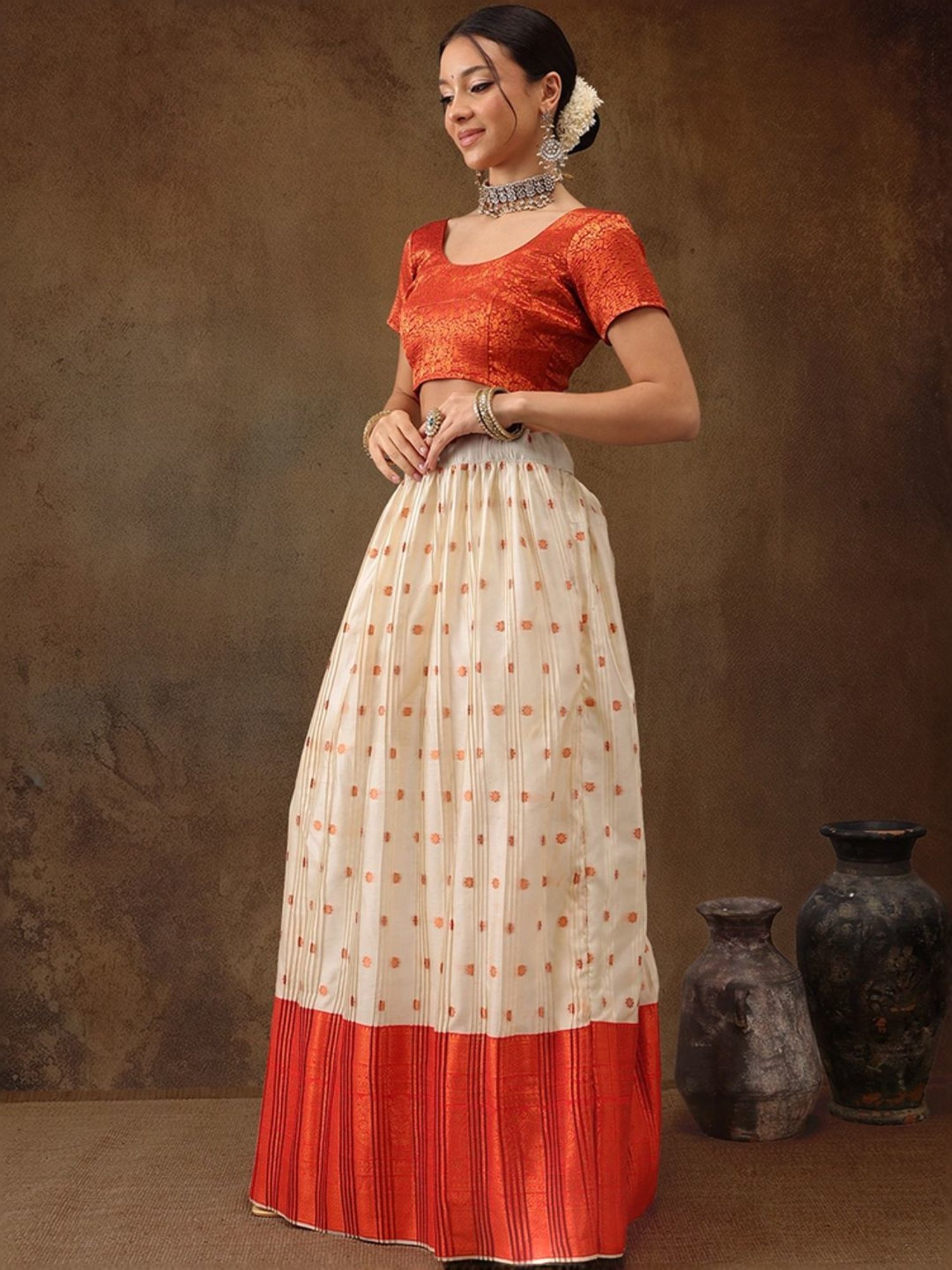 Silk Land Beige & Red Woven Pattern Semi Stitched Lehenga Choli Set With Duppata