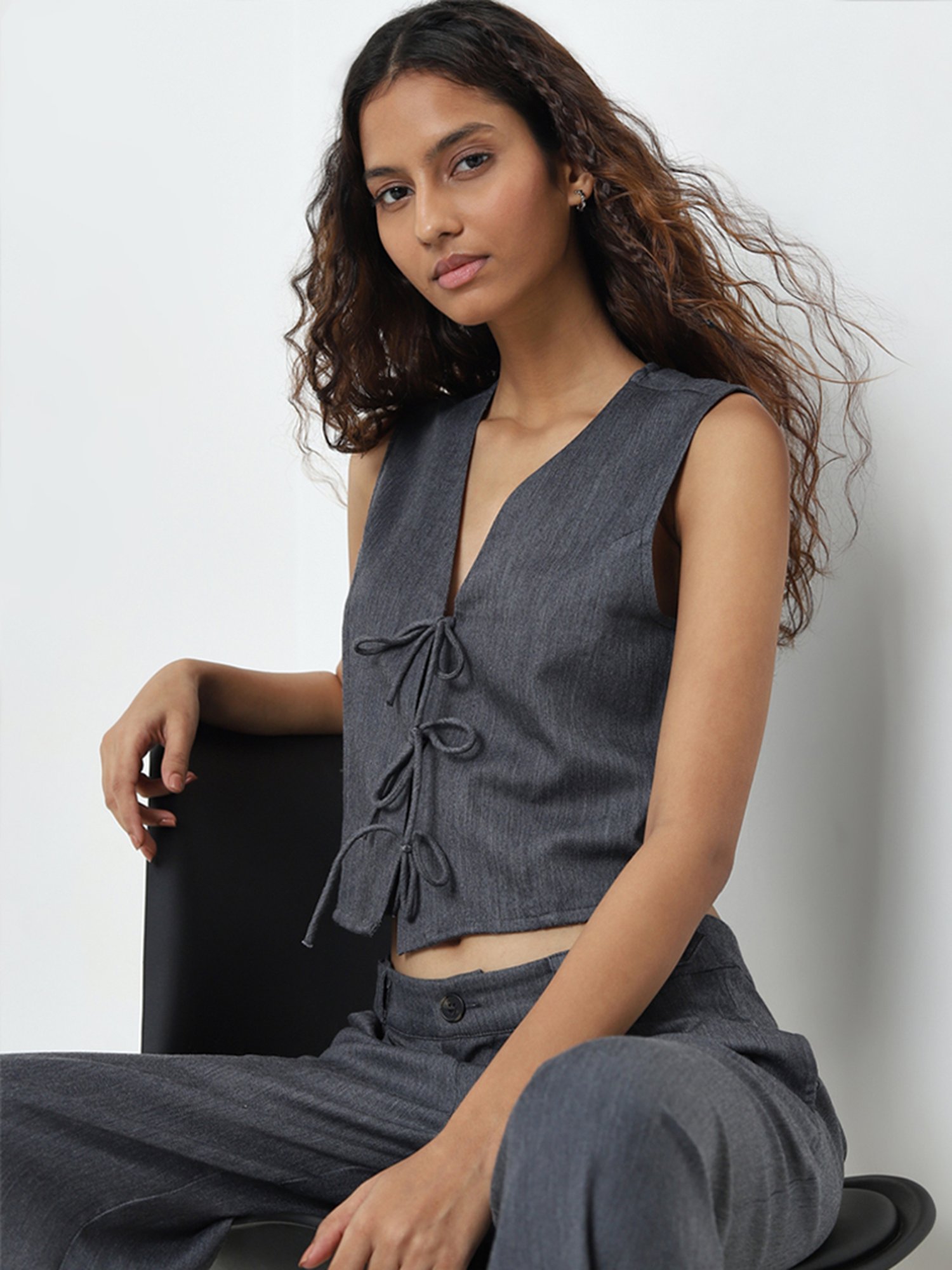 Nuon by Westside Dark Grey Knot-Detailed Waistcoat-Style Top