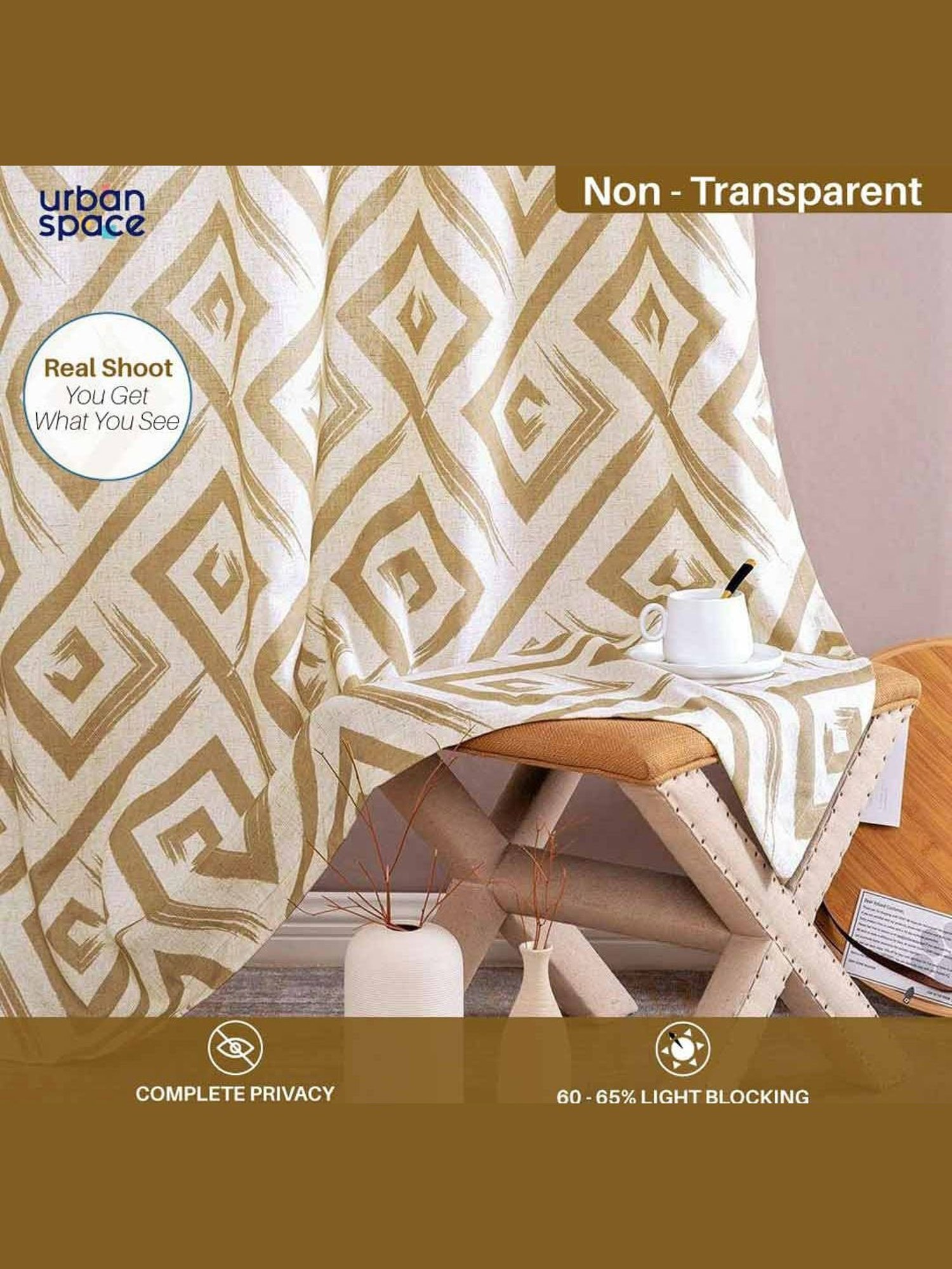 Urban Space Geometric Beige Cotton 5 ft Window Curtains - Set of 2