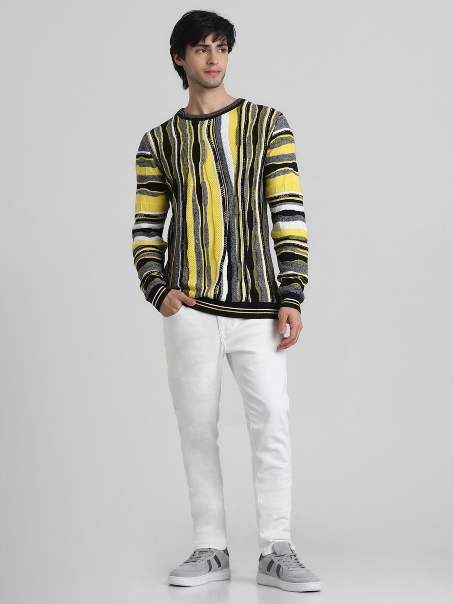 Jack & Jones Yellow & Black Cotton Regular Fit Striped Sweater