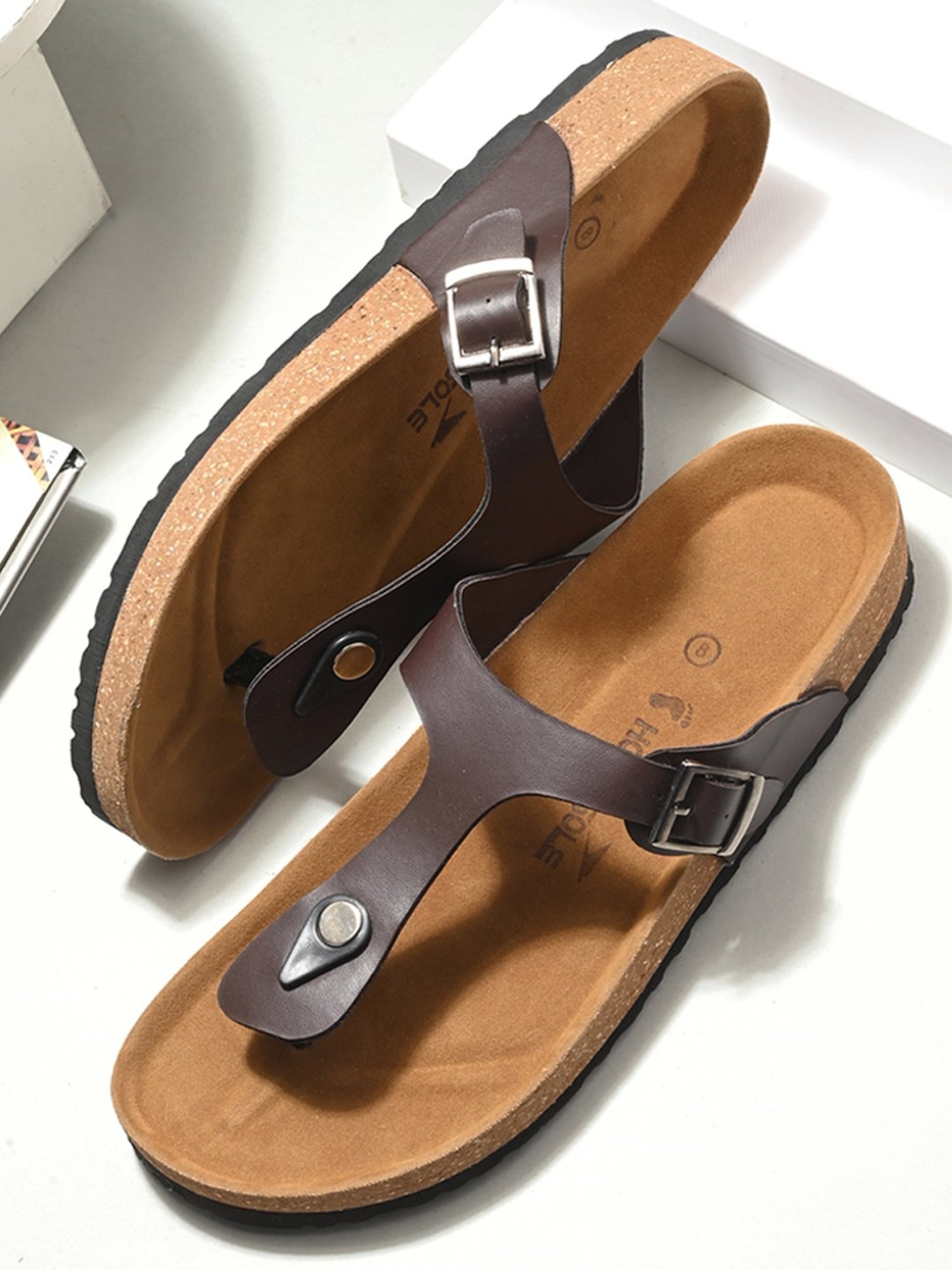 Hoversole Men's Brown Cork T-Strap Sandals