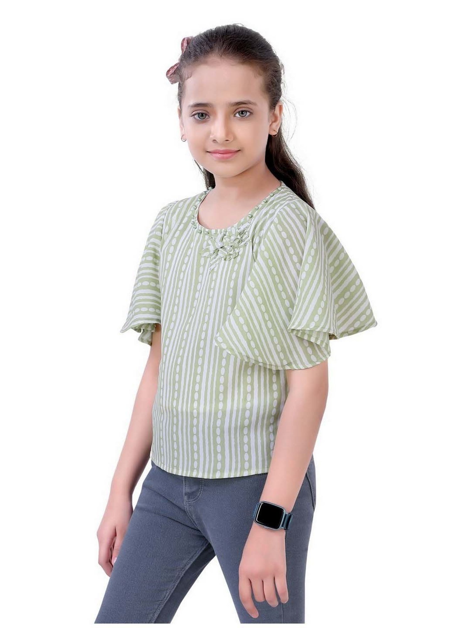 poplins Kids Green & Off-White Cotton Printed Top
