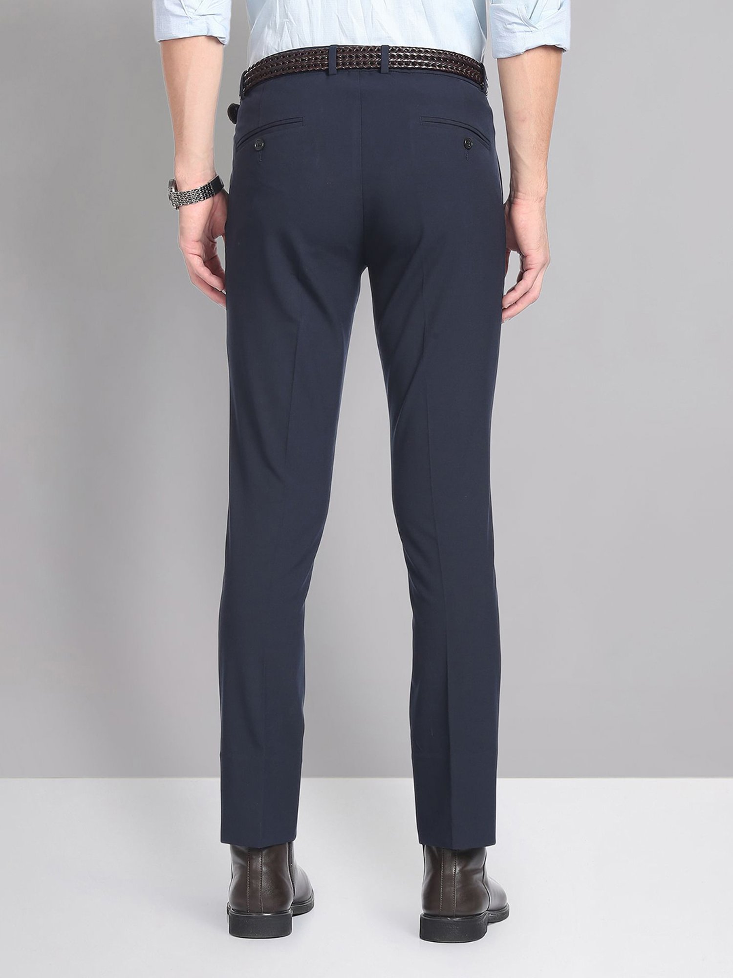 AD by Arvind Navy Slim Fit Flat Front Trousers