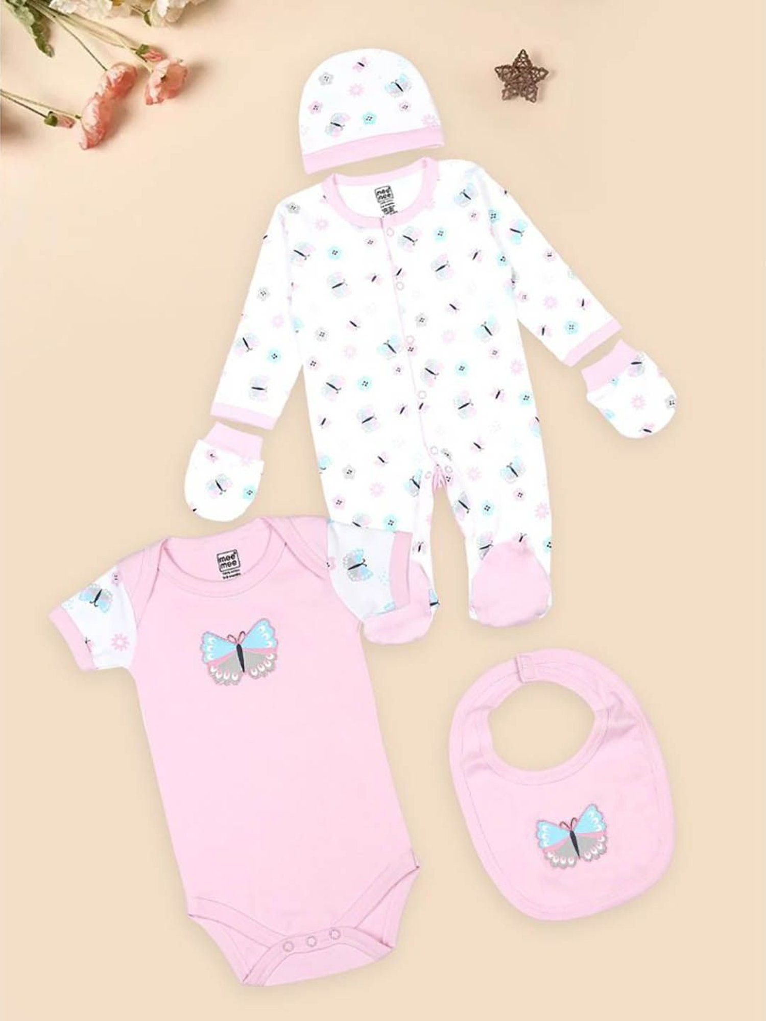 Mee Mee Kids Pink & White Printed Full Sleeves Romper, Bodysuit, Cap, Mittens with Bib