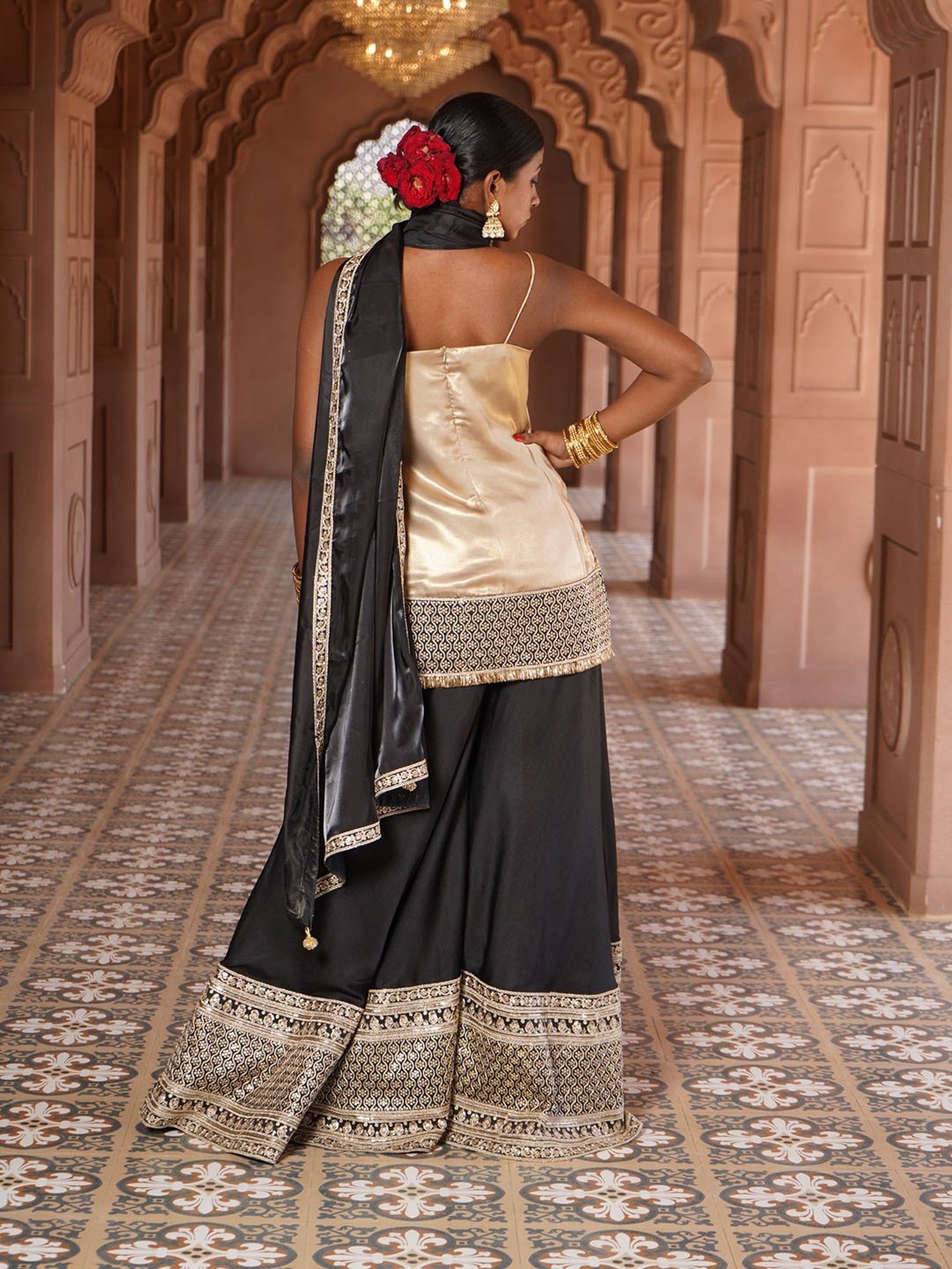 Monk and Mei Nargis Strap Kurta with Silk Sharara & Dupatta