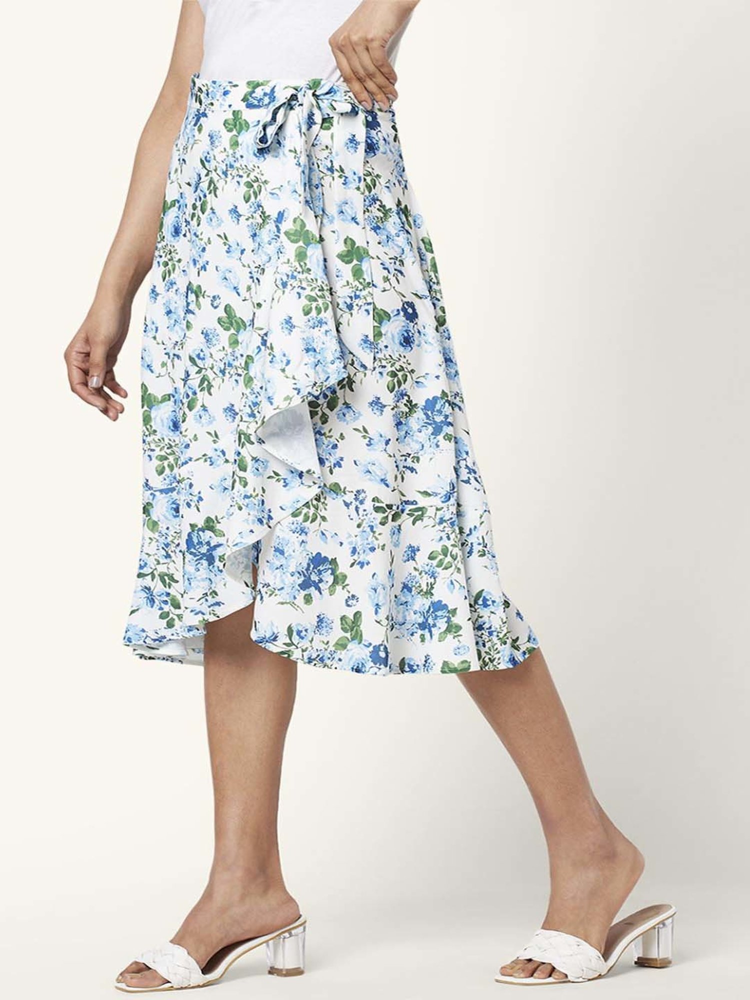 Honey by Pantaloons White & Blue Floral Print Wrap Skirt