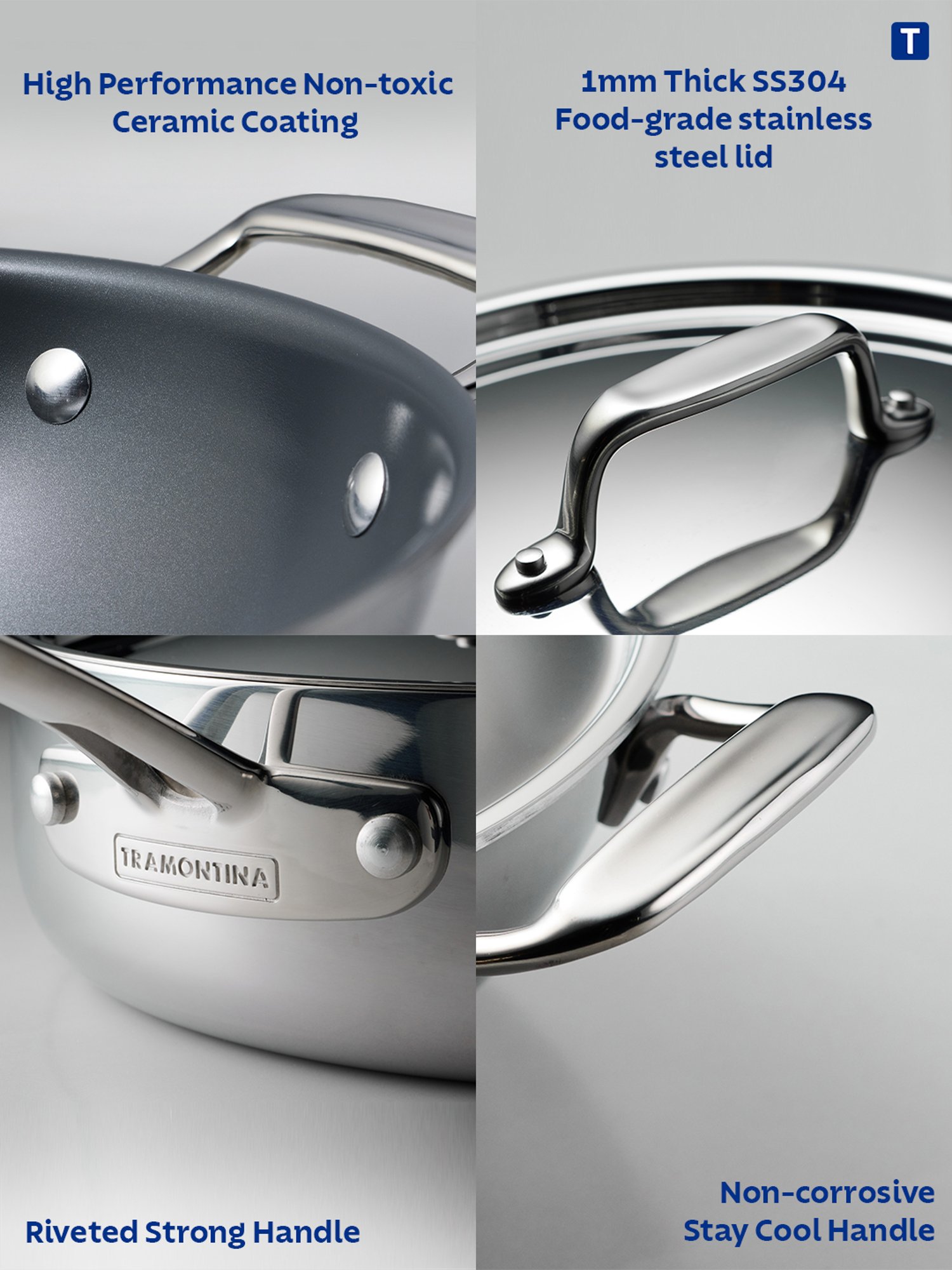 Tramontina Fusao Non-Toxic Triply Stainless Steel Ceramic Kadai with lid 20cm/1.7L Induction Base