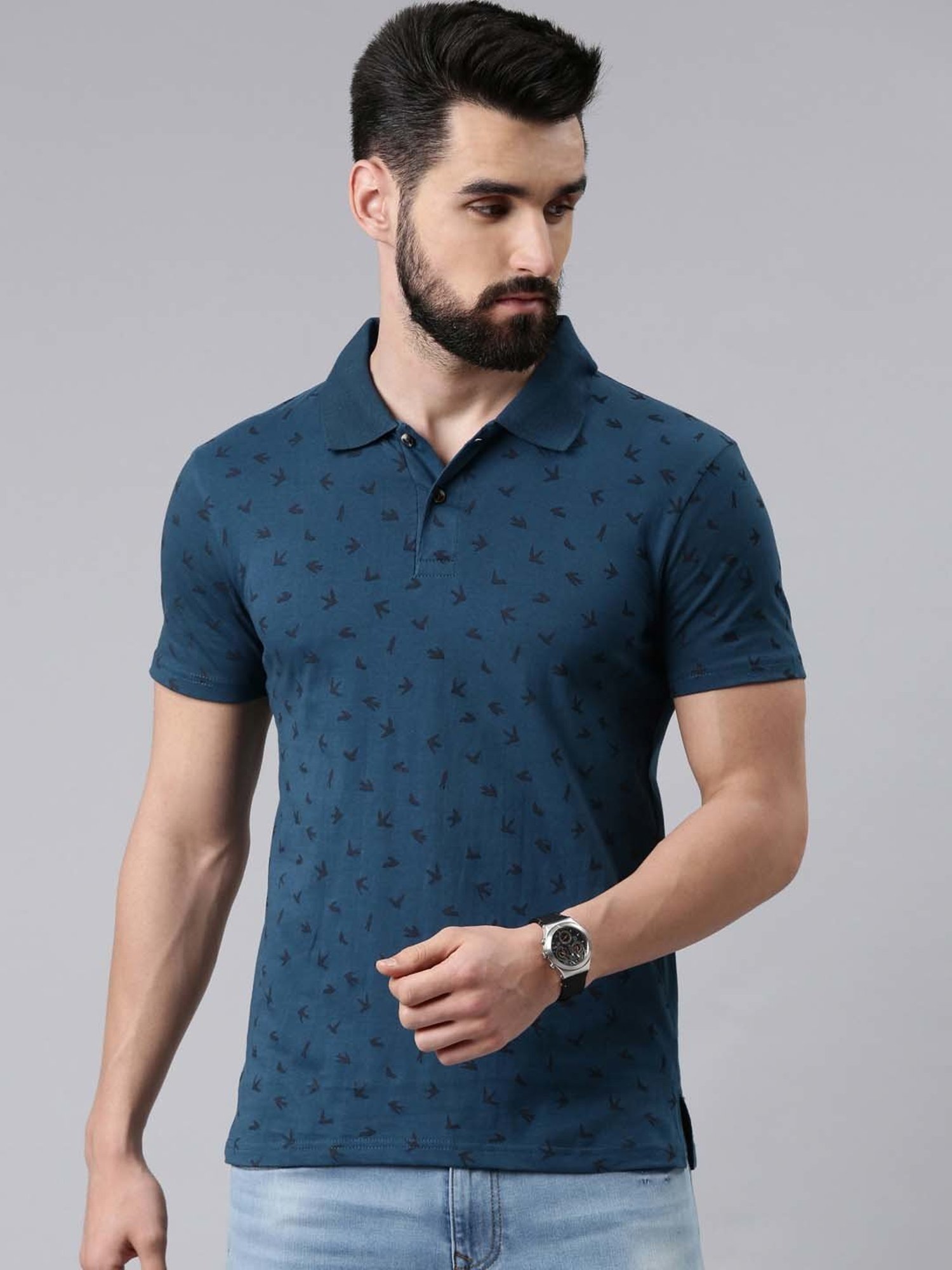 Kryptic Teal Regular Fit Printed Cotton Polo T-Shirt
