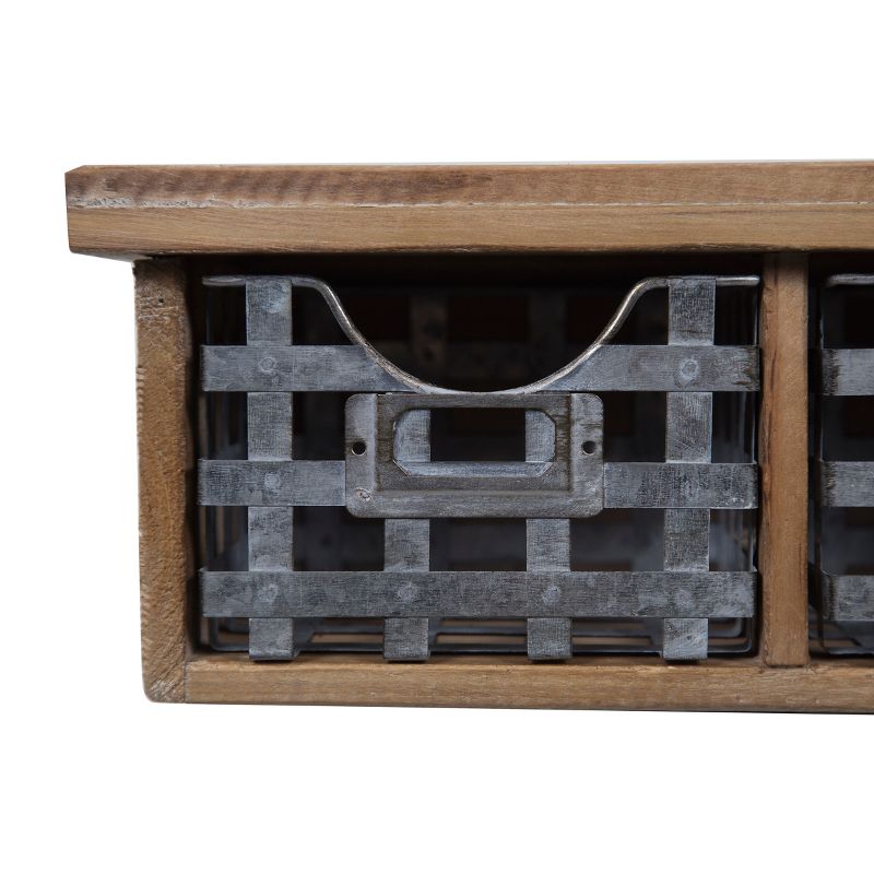 21.1" x 5.7" Reclaimed Wood Wall Organizer with 3 Metal Basket Bins Brown - Gallery Solutions