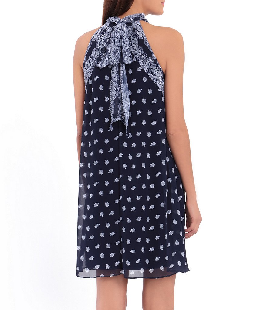 London Times Bandana Print Halter Tie Neck Trapeze Dress