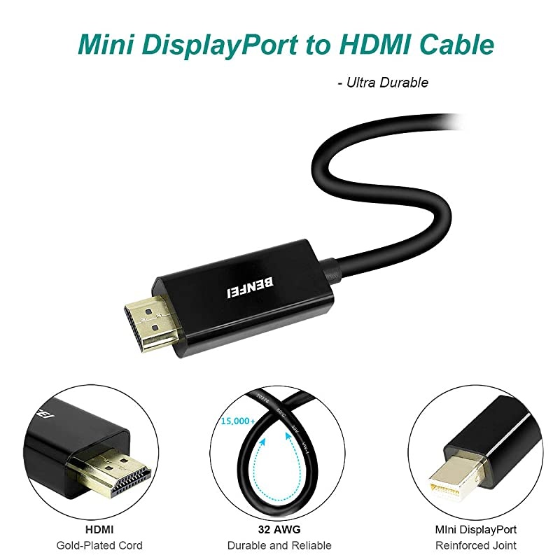 Mini DisplayPort to HDMI Cable,  Mini DP to HDMI 6 Feet Cable (Thunderbolt Compatible) with MacBook Air/Pro, Surface Pro/Dock, Monitor, Projector