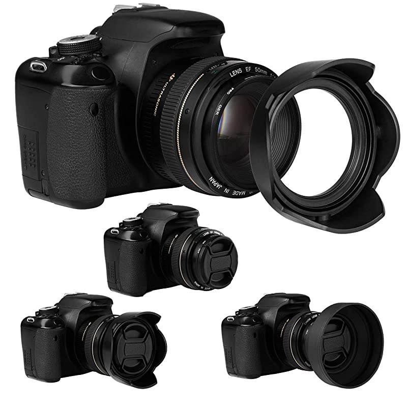 Lens Hood Set Compatible with Nikon D3400 D3500 D5500 D5600 D7500 DSLR Camera with AF-P DX 18-f/3.5-5.6G VR Lens, Collapsible Rubber Hood + Reversible Tulip Flower Hood + Lens Cap