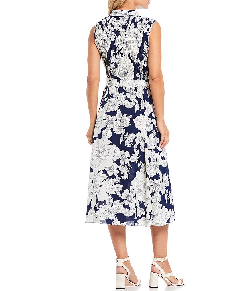 London Times Floral Printed Bubble Crepe Collared Shirtdress