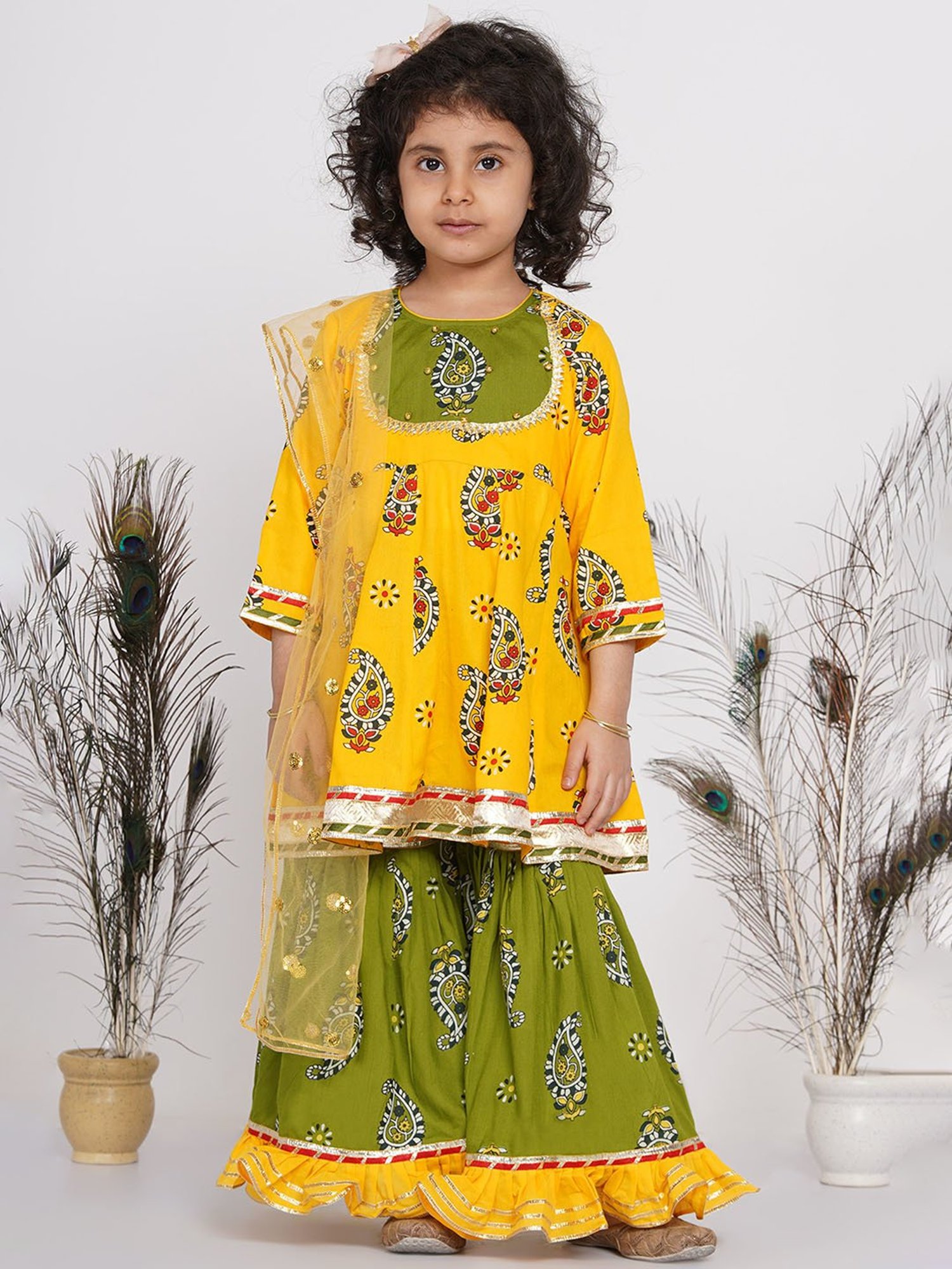 Little Bansi Yellow & Green Floral 1 Kurta, 1 Sharara & 1 Dupatta