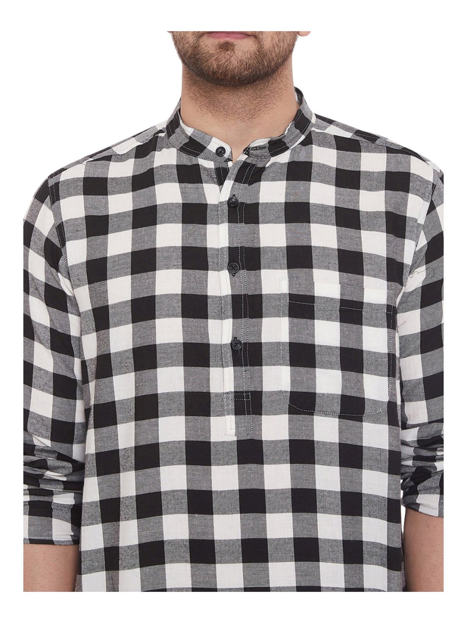 Even Black & White Cotton Regular Fit Checks Kurta