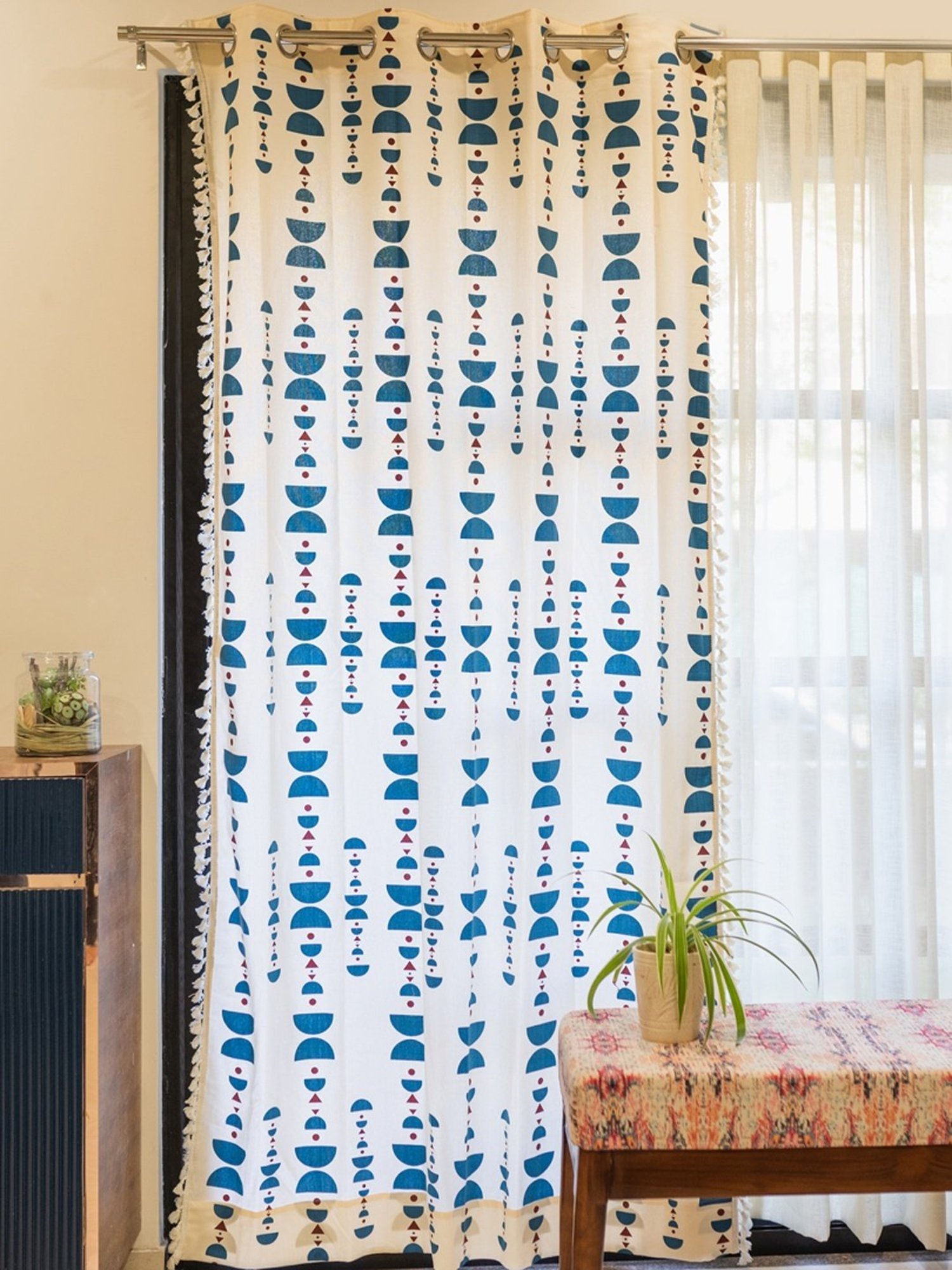 Urban Space Printed White & Blue Cotton 5 ft Boho Window Curtain