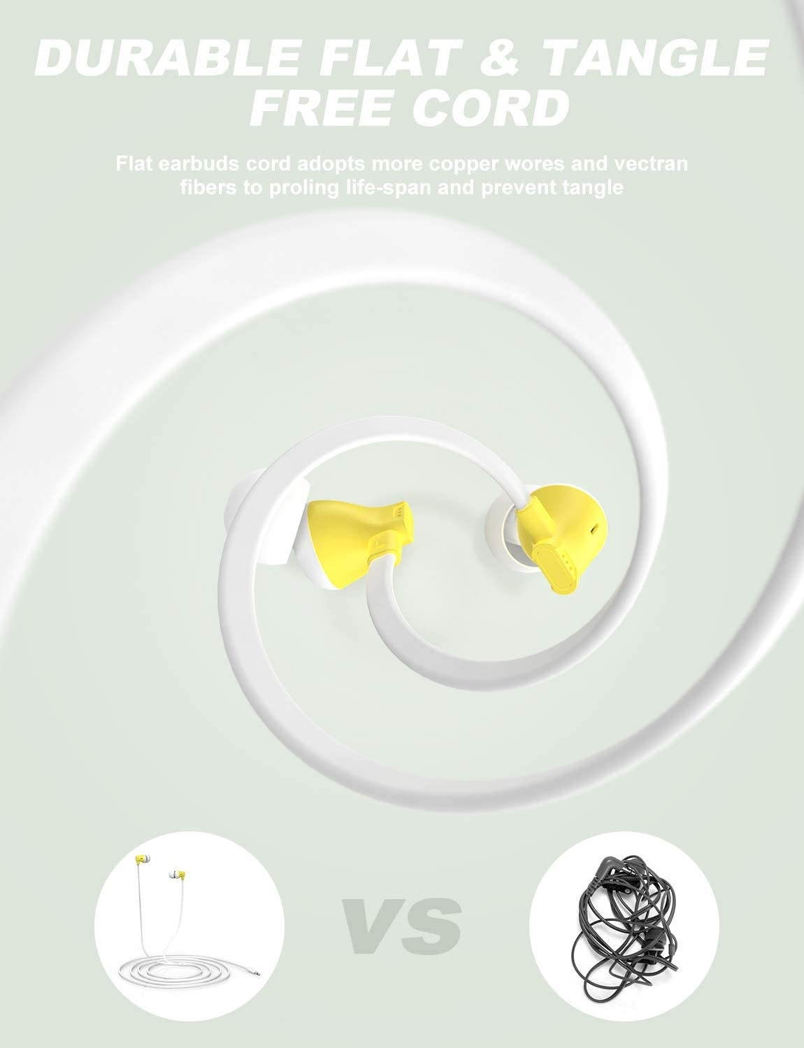Earbuds Vogek Tangle-Free Flat Cord Ergonomic in-Ear Headphones with Dynamic Crystal Clear Sound Earphones with S/M/L Eartips Compatible with Samsung Android Phone and More-Yellow