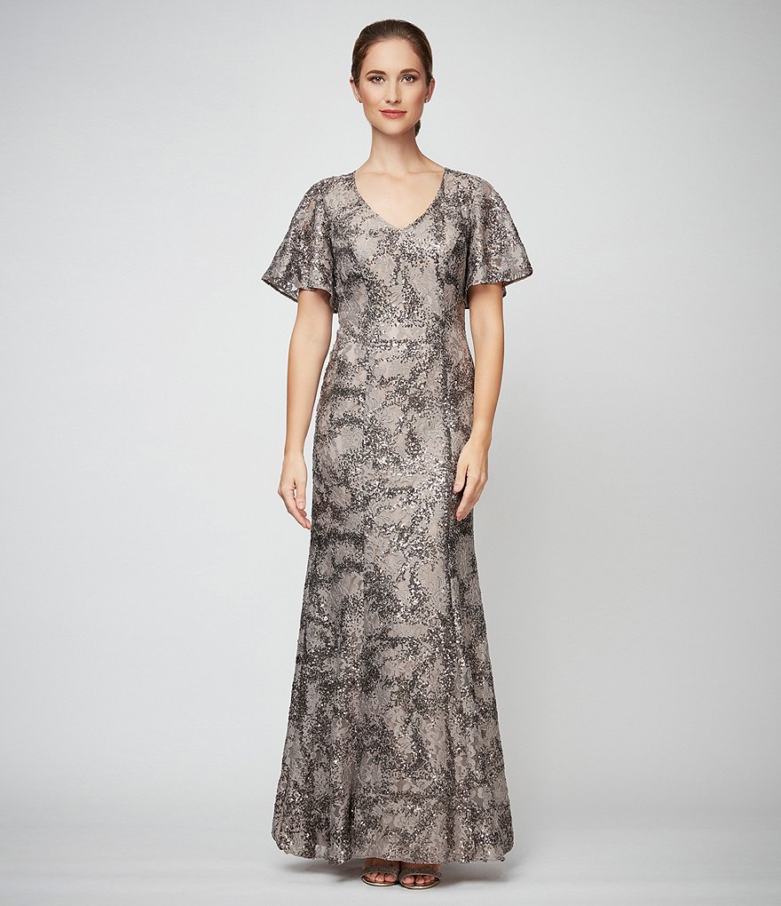 Alex Evenings V-Neck Flutter Sleeve Sequin Lace Gown