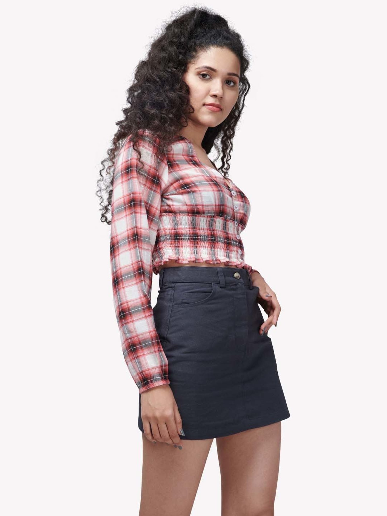 VASTRADO Red Cotton Chequered Crop Top