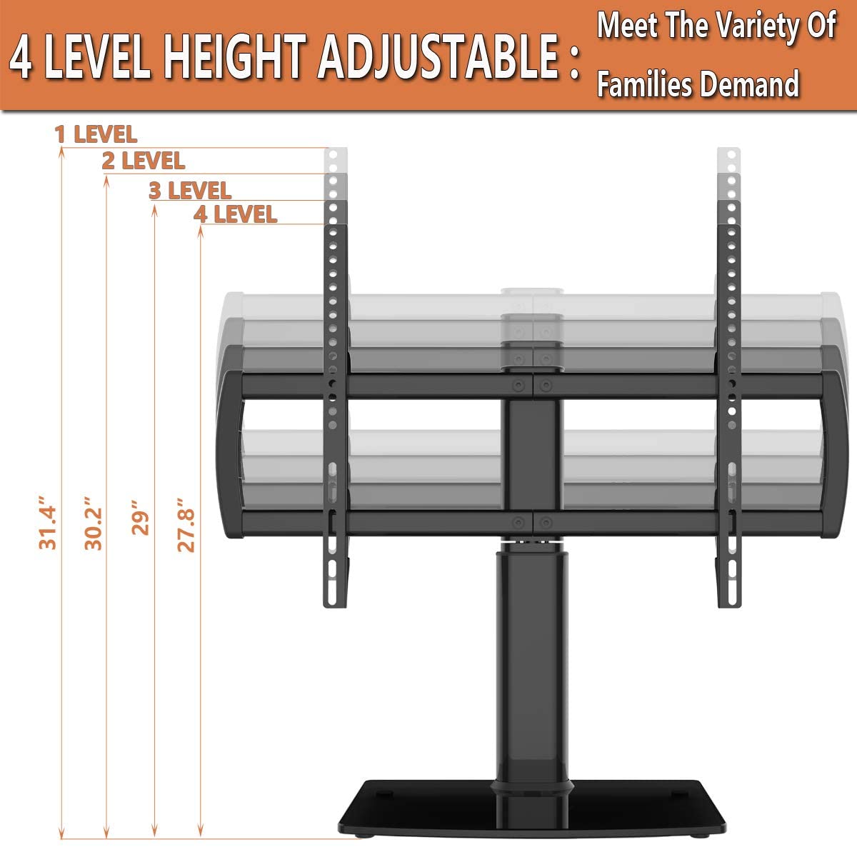 Universal Swivel TV Stand/Base Table Top TV Stand 32 to 65 inch TVs 80 Degree Swivel, 4 Level Height Adjustable, Heavy Duty Tempered Glass Base, Holds up to 99lbs Screens