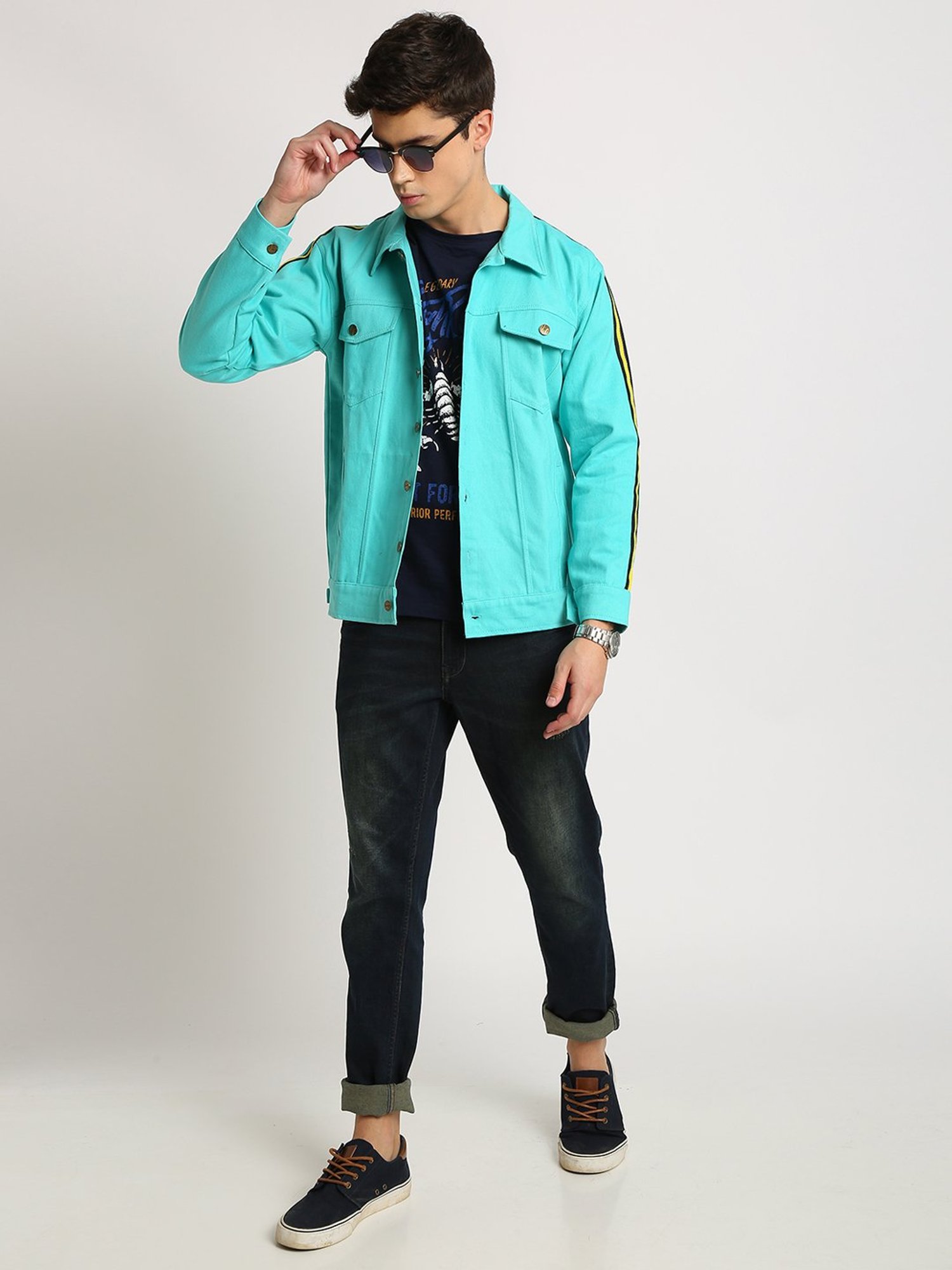 VOXATI Turquoise Full Sleeves Shirt Collar Denim Jacket