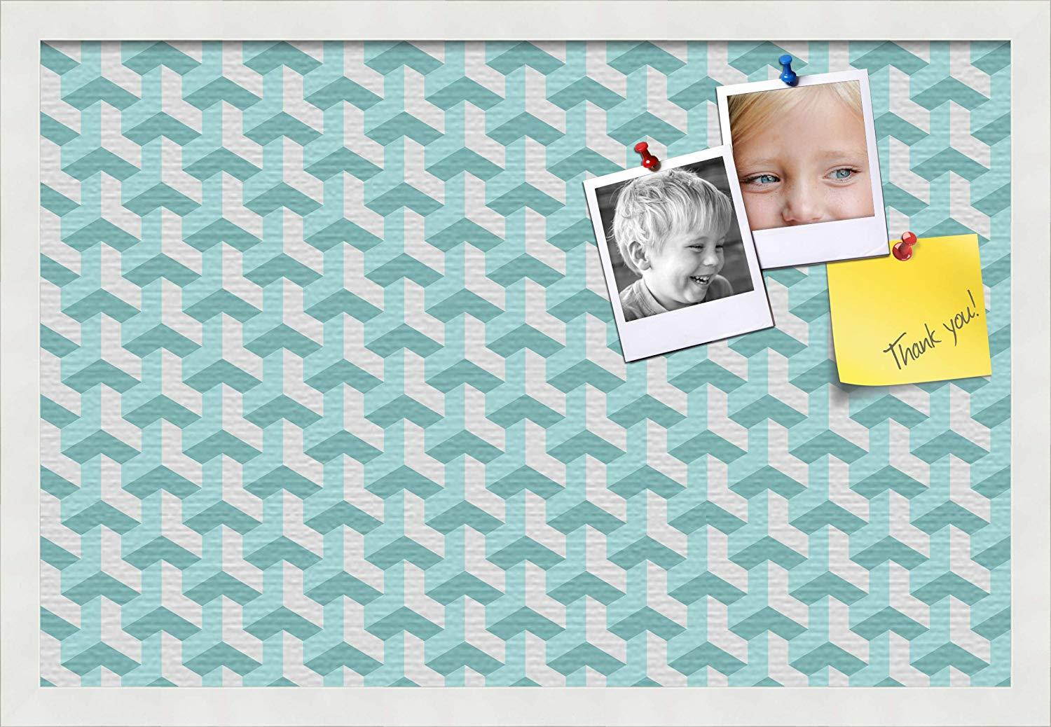 PinPix custom printed pin cork bulletin board made from canvas, Baus Aqua 24x16 Inches (Completed Size) and framed in Satin White Frame (PinPix-Group-65)