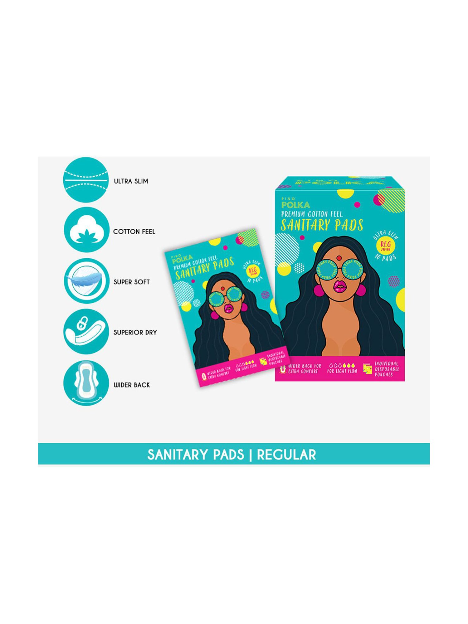 PINQ Polka Organic Cotton Ultra Sanitary Pads-Reg with Disposable Biodegradable Pouch-Pack of 20