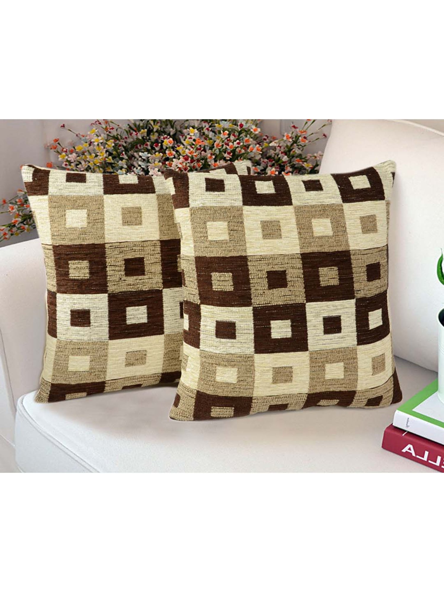 Saral Home Beige & Brown Chenille Cushion Covers - Set of 2