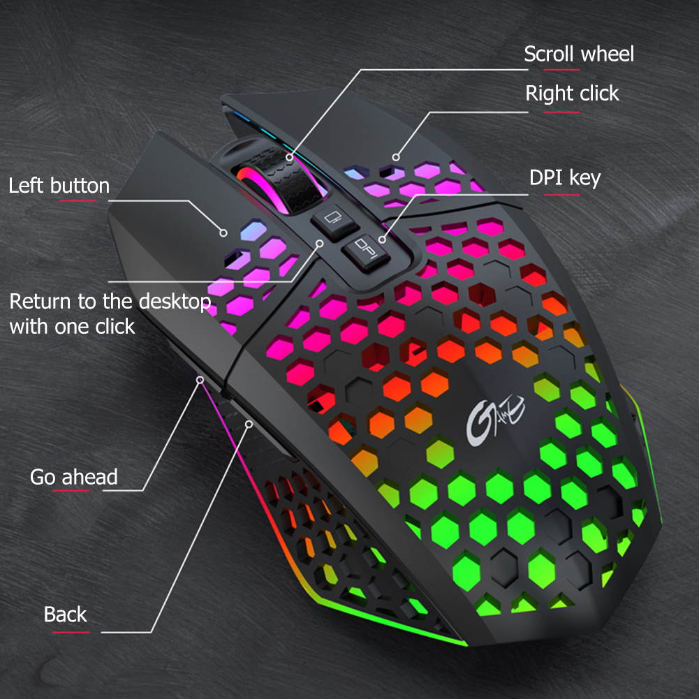 Honeycomb RGB Rechargeable Wireless Gaming Mouse 2.4GHz Optical Mouse 7 Buttons 3 Gears 1600 DPI Adjustable Mice for Desktop PC Laptop