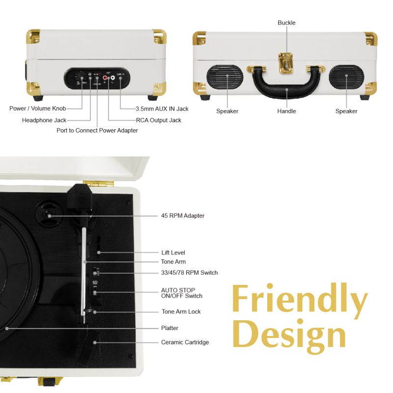 LP&No.1 Portable Suitcase Turntable with Stereo Speaker,3 Speeds Belt-Drive Vinyl Record Player Blue