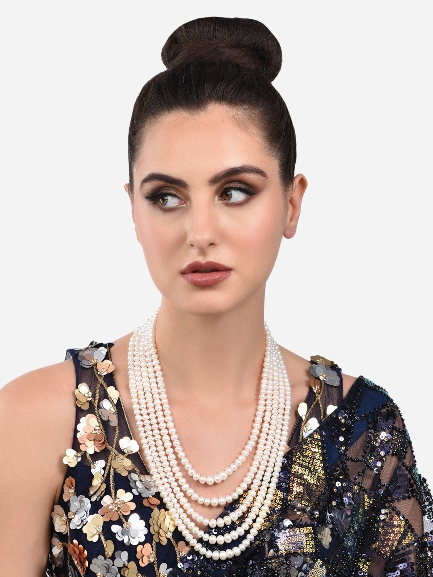 Zaveri Pearls White Freshwater 5Mm-10Mm Graduation Button Pearls Multi Layers Necklace-ZPFK13818