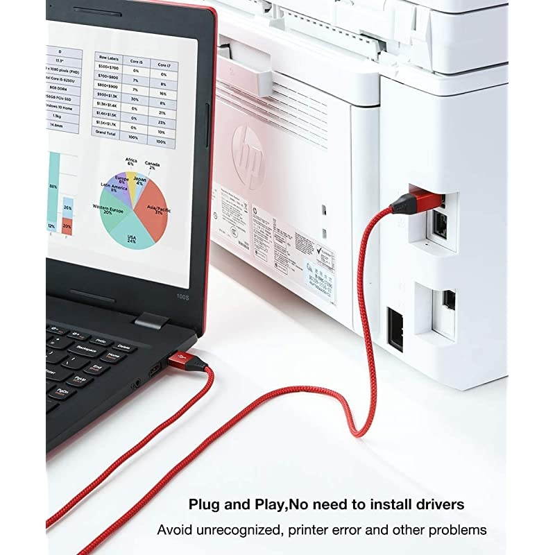 2 Pack Printer Cable,  USB 2.0 Printer Cord [6.6ft/2 Meters] A Male to B Male Scanner Cord High Speed Compatible with HP, Canon, Dell, Epson, Lexmark, Samsung, etc. (Red)