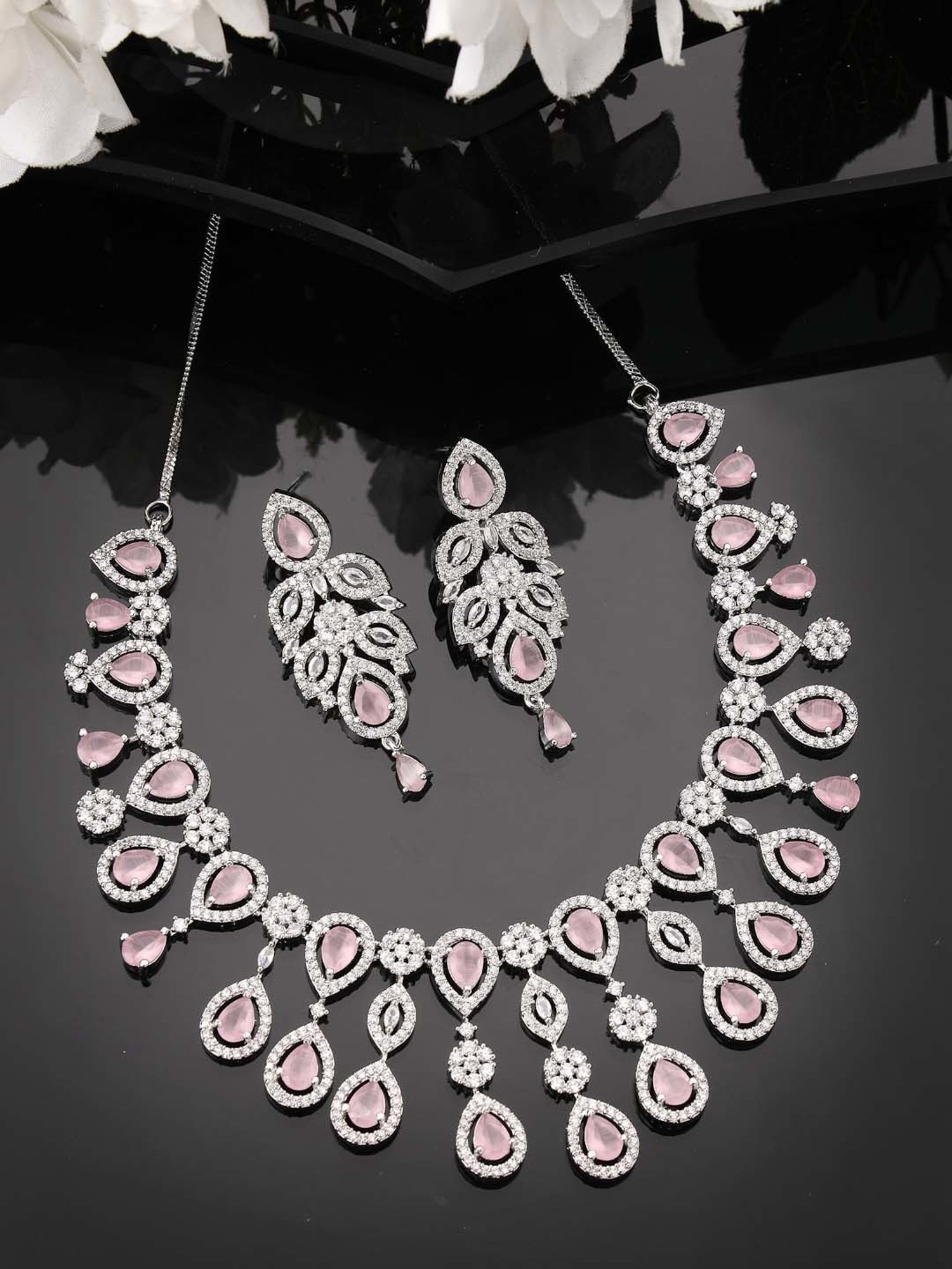 NVR Silver Plated & Pink CZ Stone Handcrafted Jewellery Set For Women