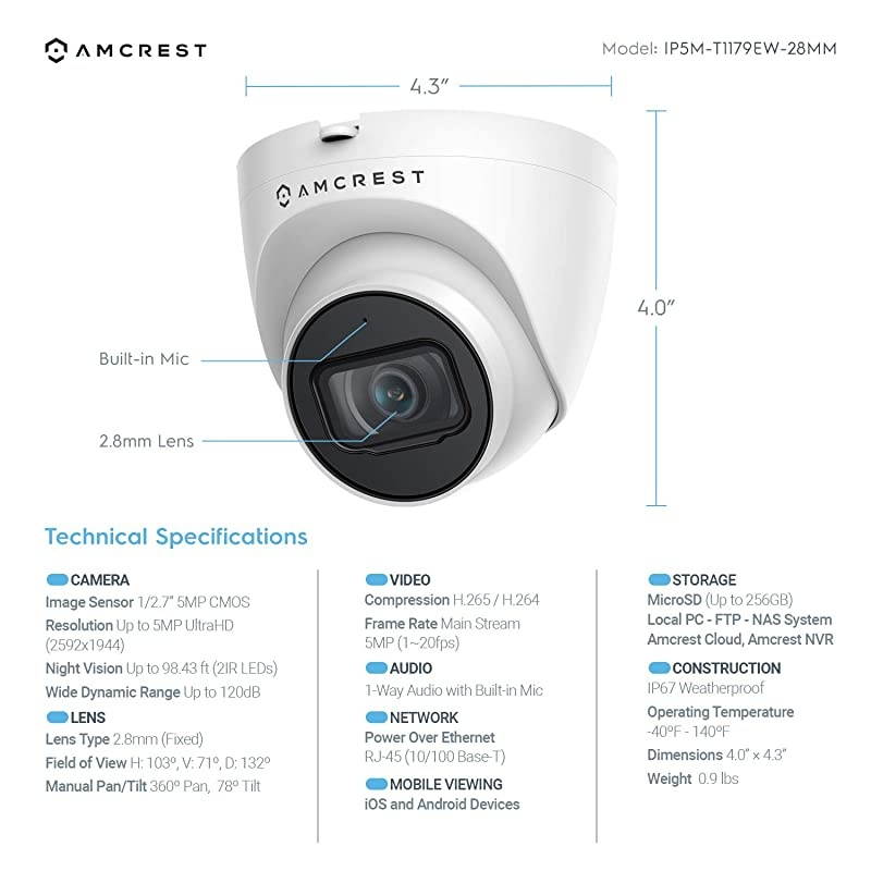 5MP UltraHD Outdoor Security IP Turret PoE Camera with MicAudio 5Megapixel 98ft NightVision 28mm Lens IP67 Weatherproof MicroSD Recording 256GB White IP5MT1179EW28MM