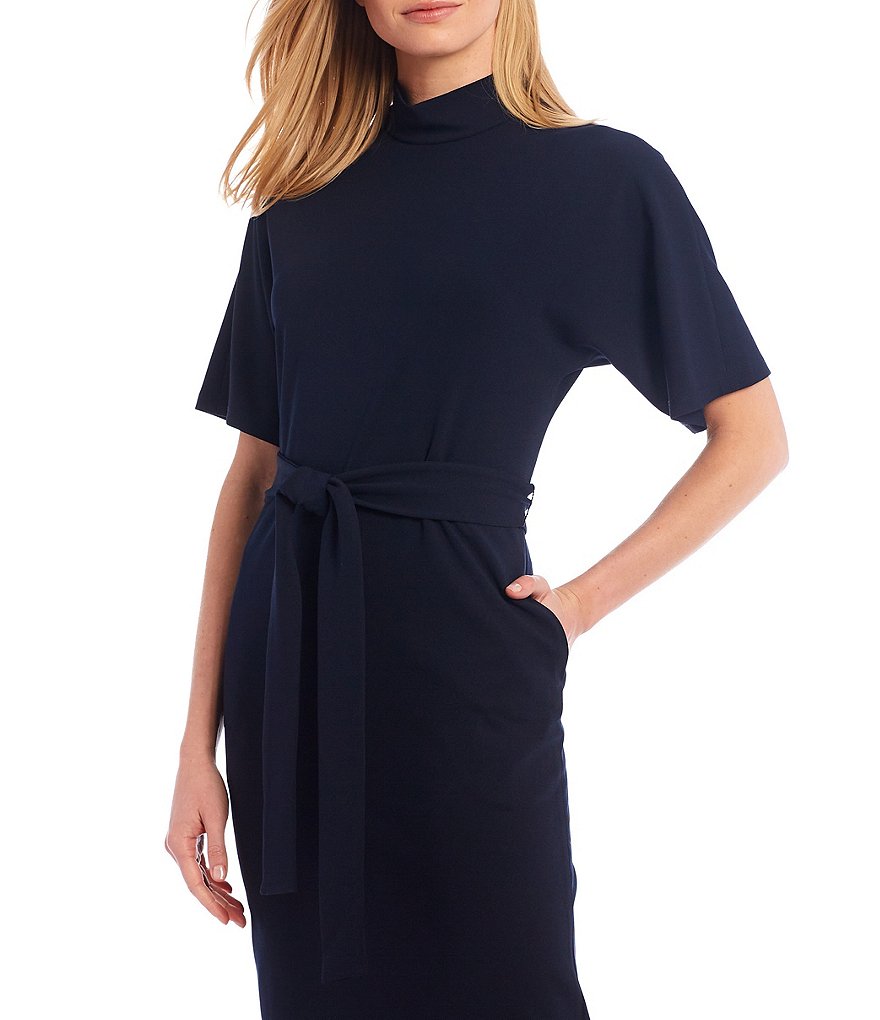 Maggy London Mock Neck Dolman Sleeve Tie Waist Sheath Dress