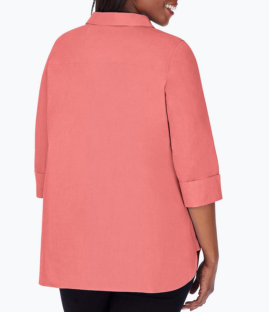Foxcroft Plus Size Pandora 3/4 Sleeve Spread Point Collar Neck Button Front Shaped Tunic