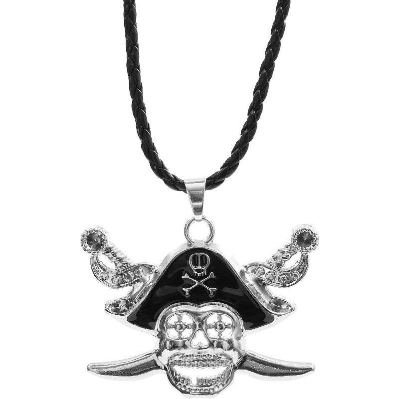 Blue Panda Silver Pirate Skull Pendant with Leather Chain Necklace for Men and Halloween Party, 19"