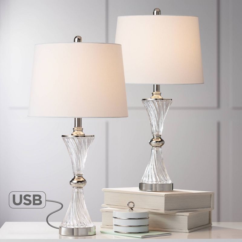 Regency Hill Modern Table Lamps Set of 2 with USB Charging Port Chrome and Glass Drum Shade for Living Room Family Bedroom Bedside
