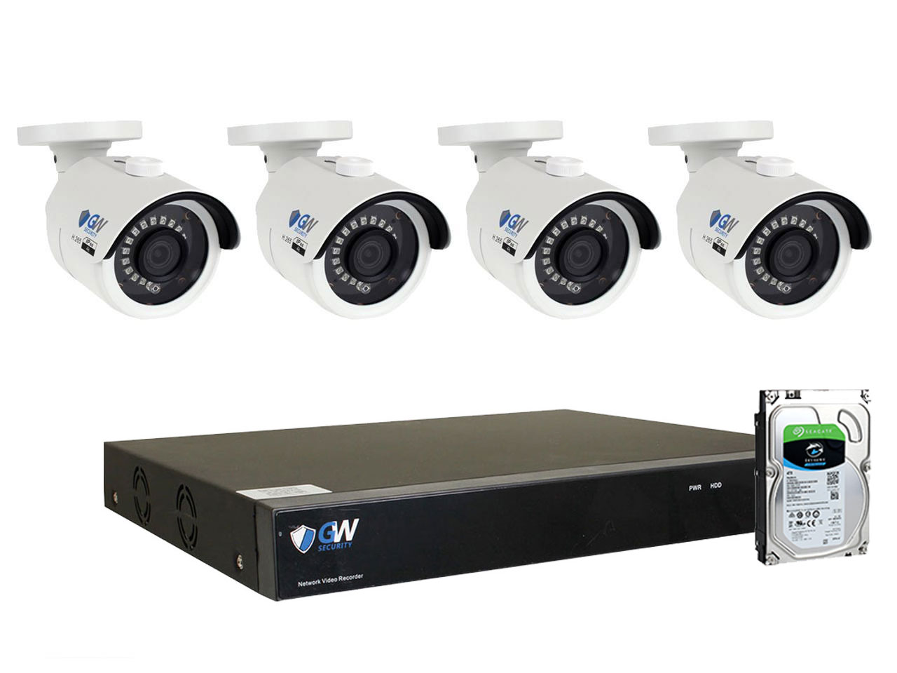 GW 4K Ultra HD 8MP PoE IP Camera Security System, 8-channel H.265 NVR UHD 4K Output, 4 x 4K 8 Megapixel WDR Weather Proof PoE IP Cameras, Smart Video Search Customizable Motion Detection, 2TB HDD