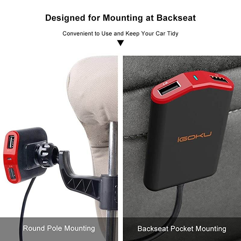 Car Charger USB 4 Ports 48W 96A with Builtin Fuse Designed for Front and Back Seat Quick Charge Smart Identification for iPhone iPad Galaxy Note Nexus HTC